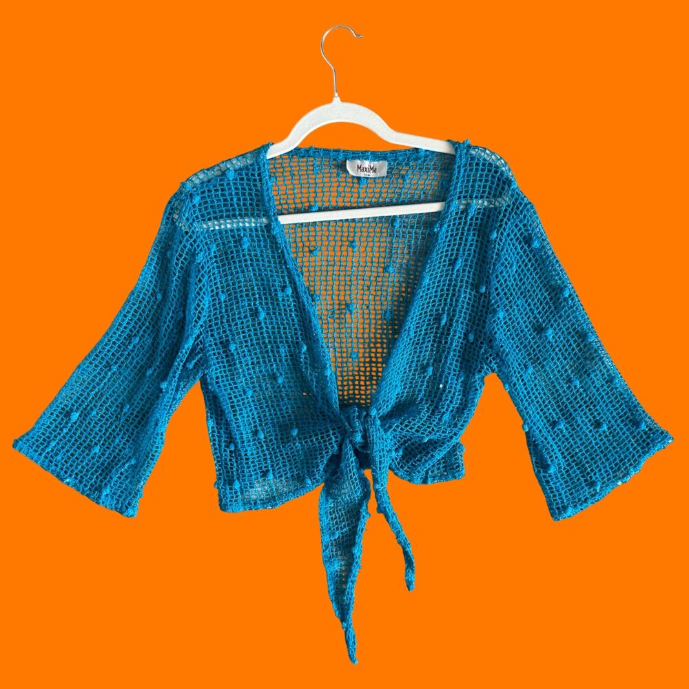 90's 00's crochet knit 3/4 sleeve y2k front tie cardigan shrug bolero MEDIUM